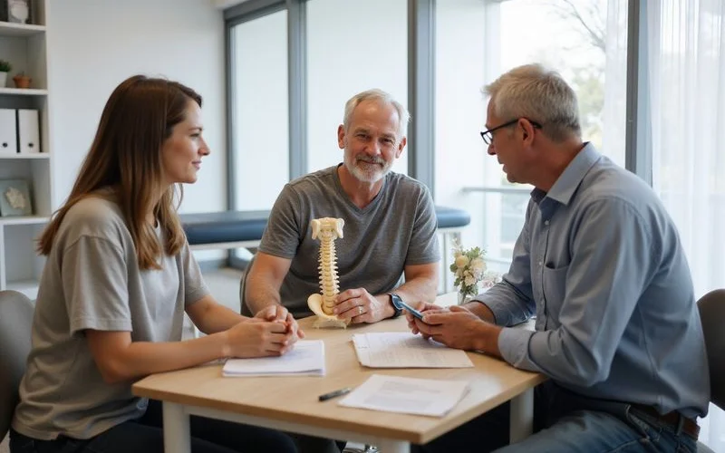 An adult child accompanying an elderly parent during a chiropractic consultation, both listening to the practitioner explain a treatment plan