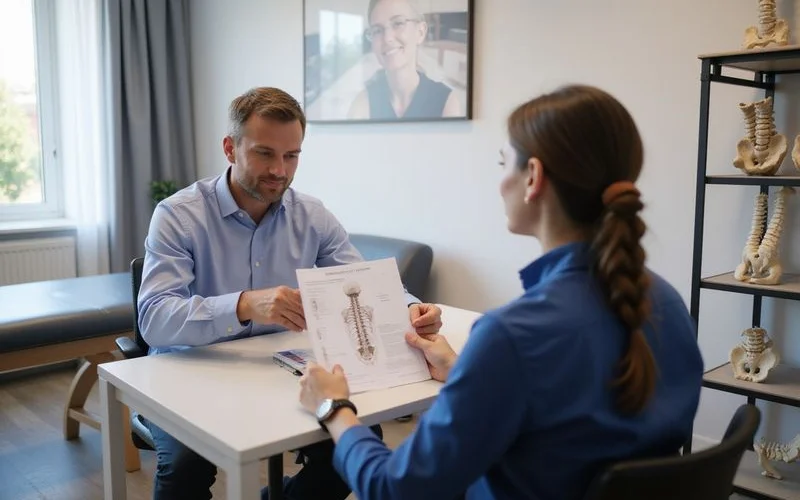 A chiropractor explaining an X-ray image to a patient on a screen during a consultation