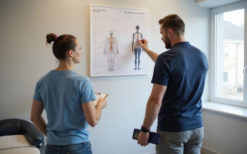 A posture assessment being conducted with a patient standing against a measurement grid on a clinic wall