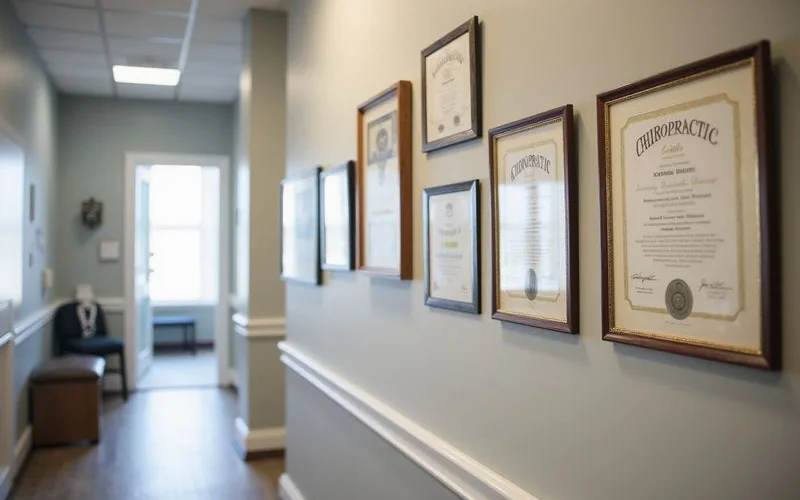 A framed chiropractic qualification certificate displayed on a clinic wall next to a professional association membership plaque