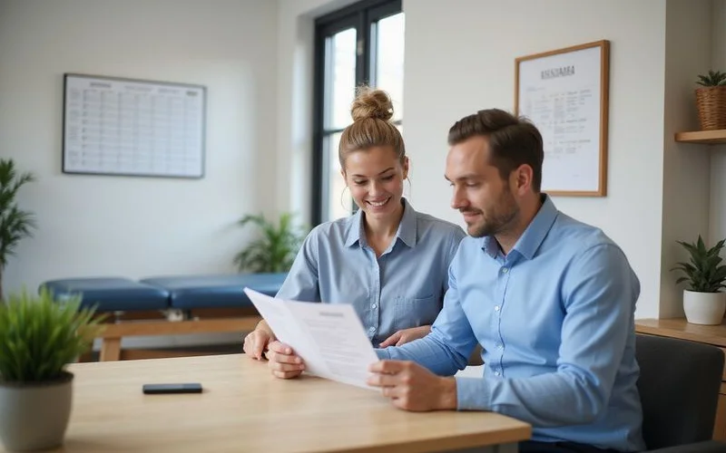 A chiropractor and patient reviewing a printed treatment plan showing scheduled session dates