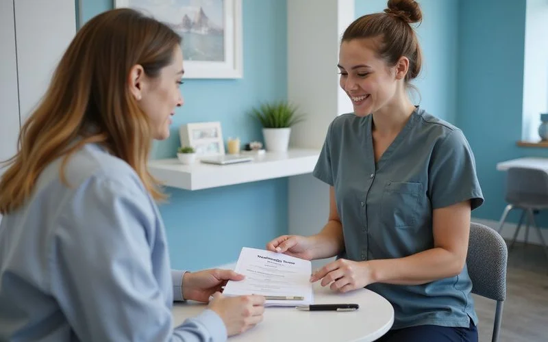 A patient reading through the fine print of a chiropractic treatment package agreement before signing